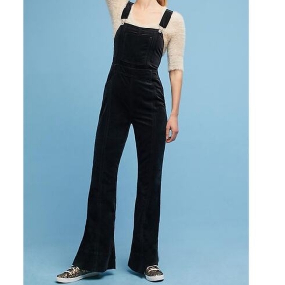 Anthropologie Pants - Pilcro and the Letterpress Black Velvet Flare Overalls Romper Jumper Pockets